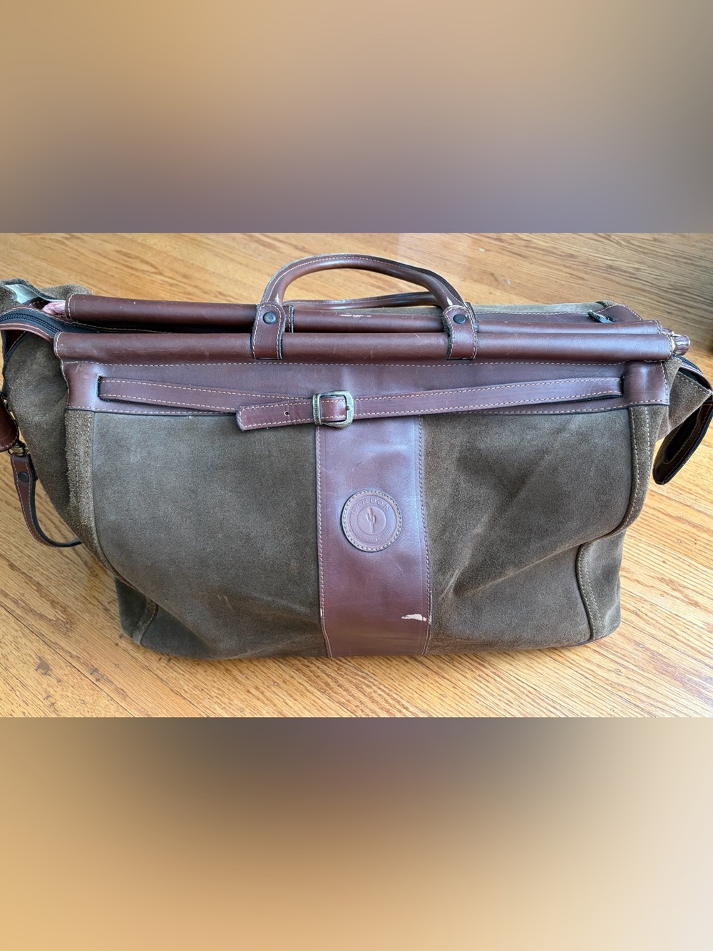 Leather-Trim Suede Duffel Bag in Brown